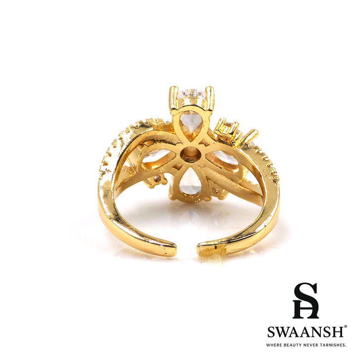 Adjustable gold ring with floral design of pear-cut zircons – Crystal Bloom Ring by Swaansh