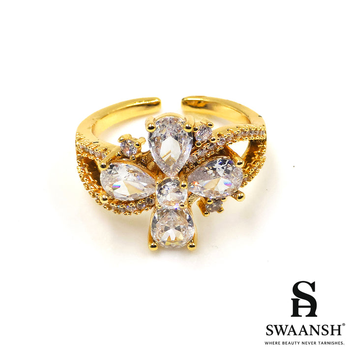 Adjustable gold ring with floral design of pear-cut zircons – Crystal Bloom Ring by Swaansh