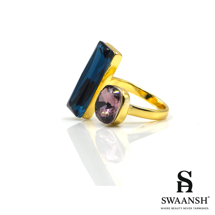 Gold adjustable ring with bold blue and purple dual stones – Midnight Aurora Ring by Swaansh