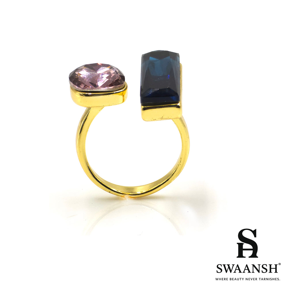 Gold adjustable ring with bold blue and purple dual stones – Midnight Aurora Ring by Swaansh