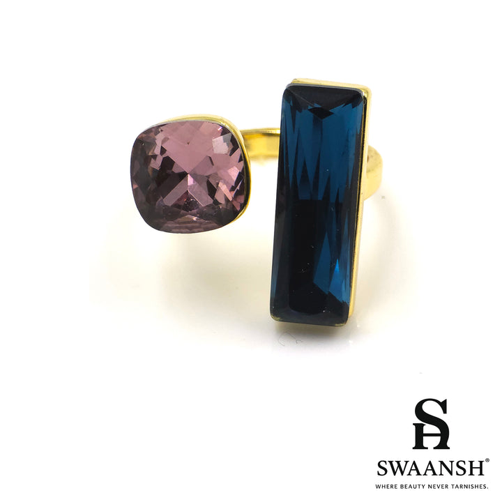 Gold adjustable ring with bold blue and purple dual stones – Midnight Aurora Ring by Swaansh