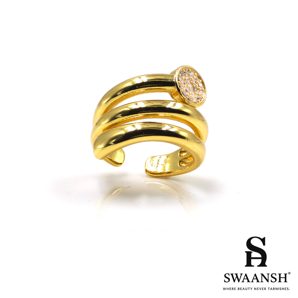 Triple band illusion gold ring with pavé dome top – Luxe Orbit Ring by Swaansh