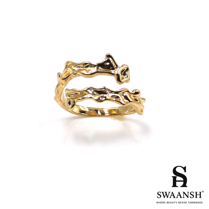 Gold adjustable ring with bark-textured sculpted design – Wild Root Ring by Swaansh