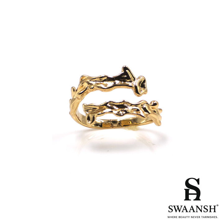 Gold adjustable ring with bark-textured sculpted design – Wild Root Ring by Swaansh