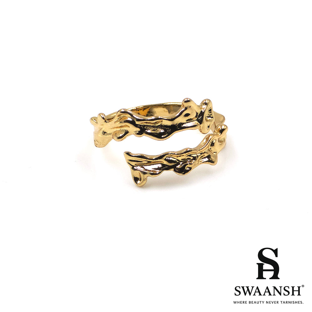 Gold adjustable ring with bark-textured sculpted design – Wild Root Ring by Swaansh