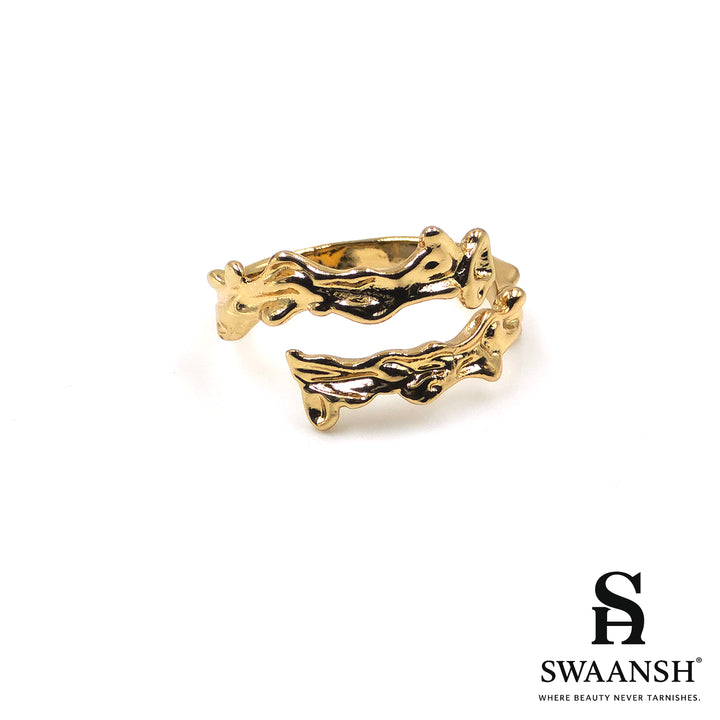 Gold adjustable ring with bark-textured sculpted design – Wild Root Ring by Swaansh