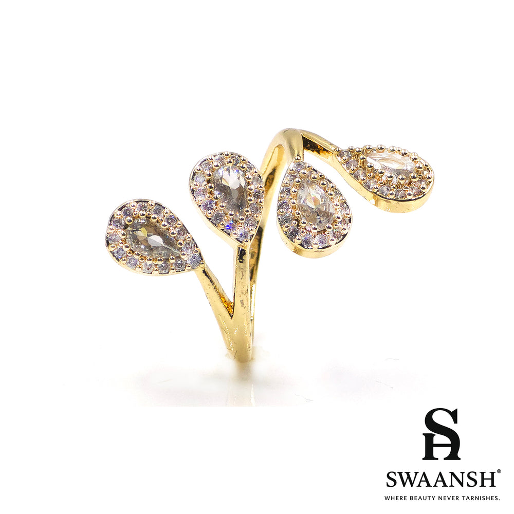 Adjustable gold-tone ring with cascading teardrop zircon design – Raindrop Cascade Ring by Swaansh


