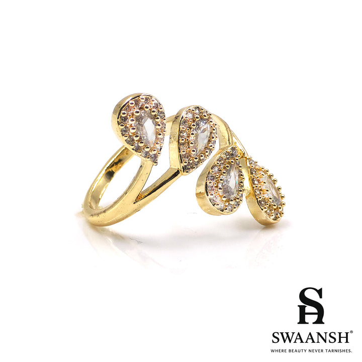 Adjustable gold-tone ring with cascading teardrop zircon design – Raindrop Cascade Ring by Swaansh

