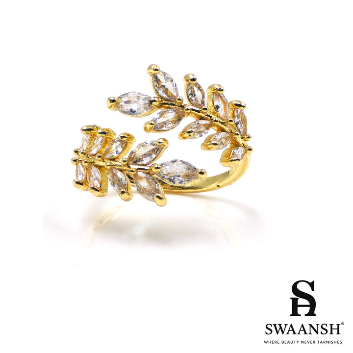 Adjustable gold ring with twin leafy zircon-studded bands – Leafy Vine Ring by Swaansh

