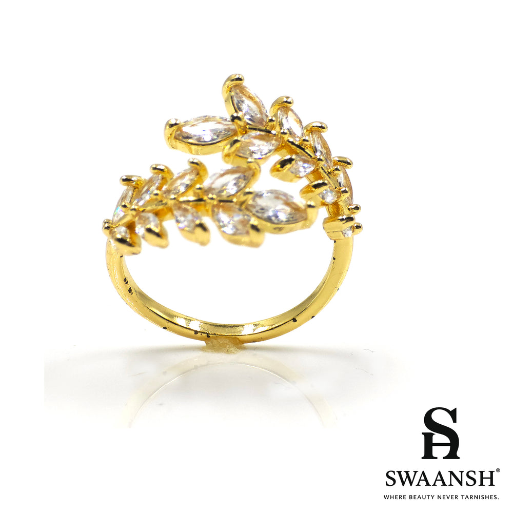 Adjustable gold ring with twin leafy zircon-studded bands – Leafy Vine Ring by Swaansh