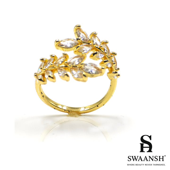 Adjustable gold ring with twin leafy zircon-studded bands – Leafy Vine Ring by Swaansh