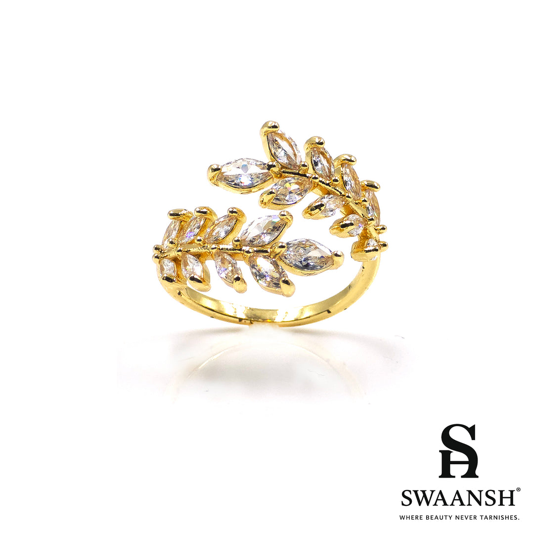 Adjustable gold ring with twin leafy zircon-studded bands – Leafy Vine Ring by Swaansh