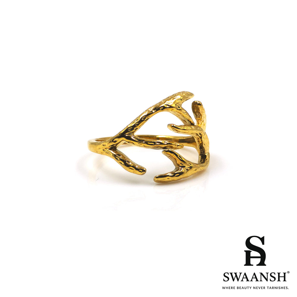 Adjustable gold ring with organic textured branch design – Wild Bloom Ring by Swaansh