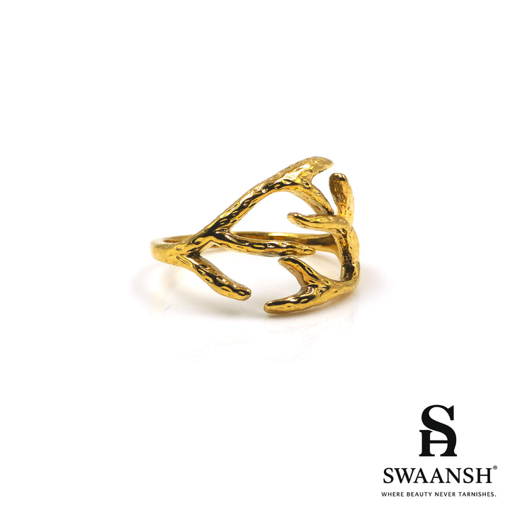 Adjustable gold ring with organic textured branch design – Wild Bloom Ring by Swaansh