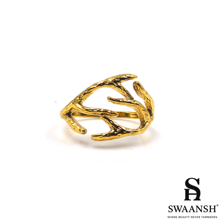 Adjustable gold ring with organic textured branch design – Wild Bloom Ring by Swaansh