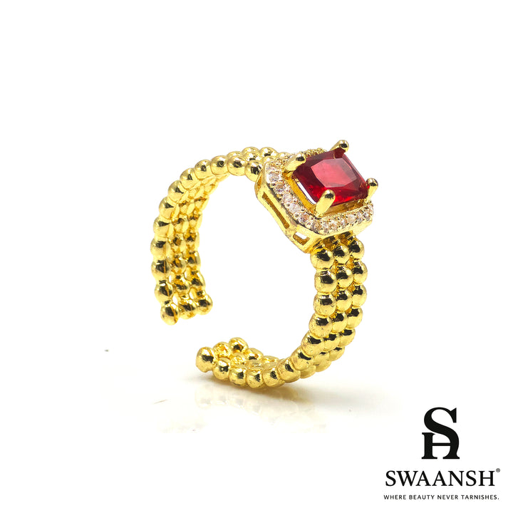Adjustable gold ring with ruby red stone and beaded band – Crimson Crown Ring by Swaansh