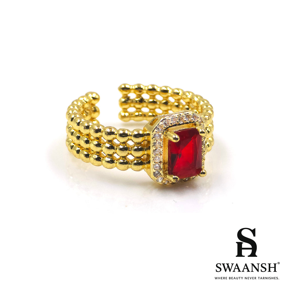 Adjustable gold ring with ruby red stone and beaded band – Crimson Crown Ring by Swaansh