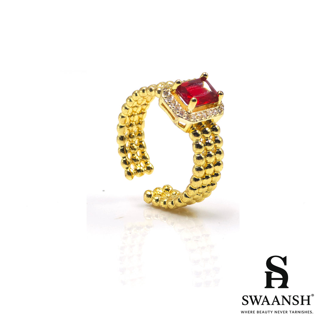Adjustable gold ring with ruby red stone and beaded band – Crimson Crown Ring by Swaansh