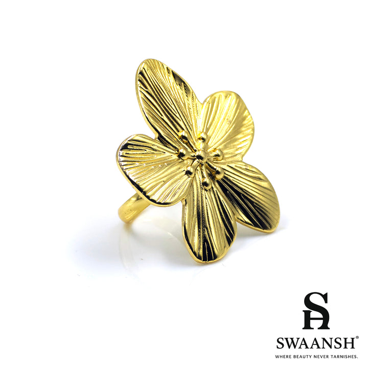 Adjustable gold ring with oversized sculpted flower design – Golden Petal Ring by Swaansh