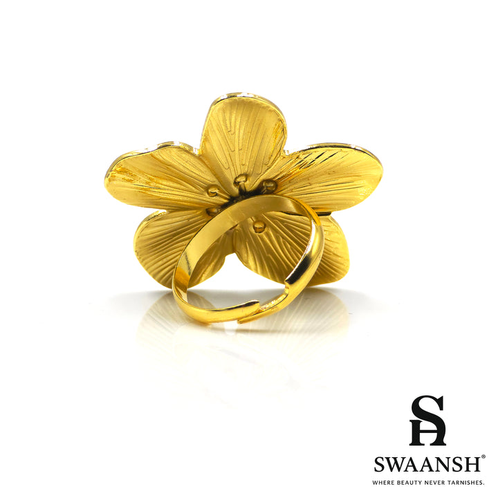 Adjustable gold ring with oversized sculpted flower design – Golden Petal Ring by Swaansh
