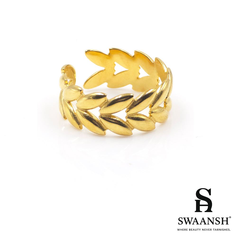 Adjustable golden ring with sculpted laurel leaf design – Golden Laurel Leaf Ring by Swaansh