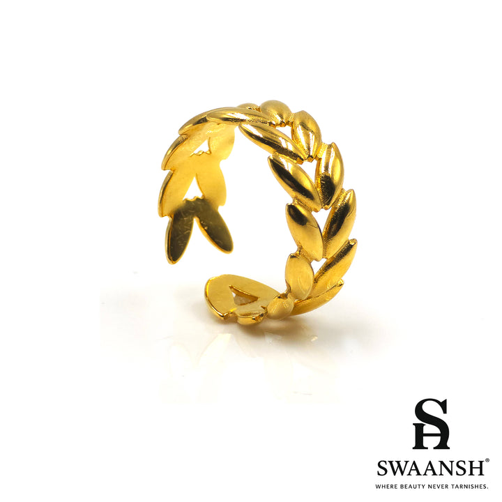 Adjustable golden ring with sculpted laurel leaf design – Golden Laurel Leaf Ring by Swaansh