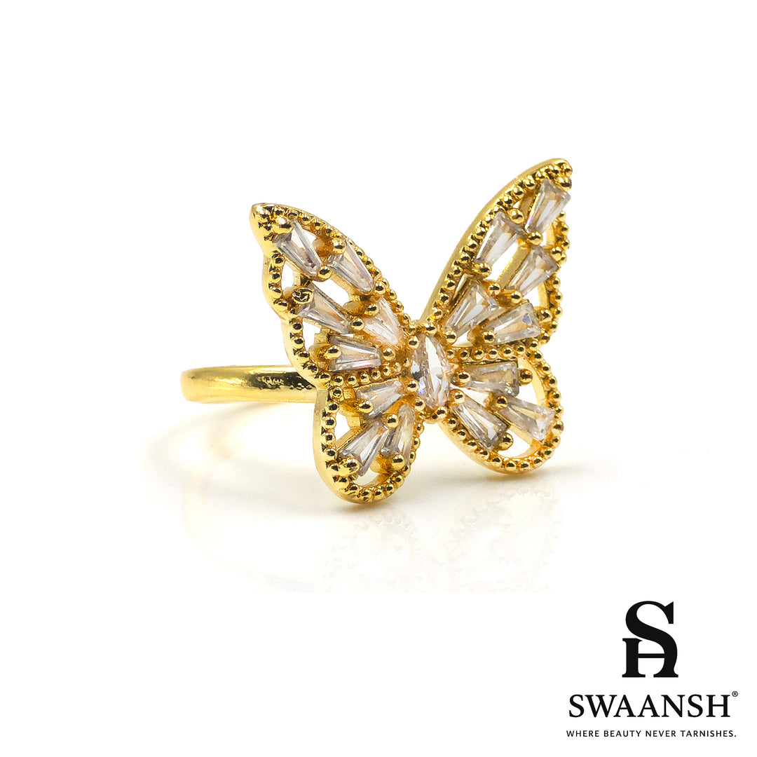 Gold butterfly ring with baguette zircon wings – Celestial Butterfly Ring by Swaansh