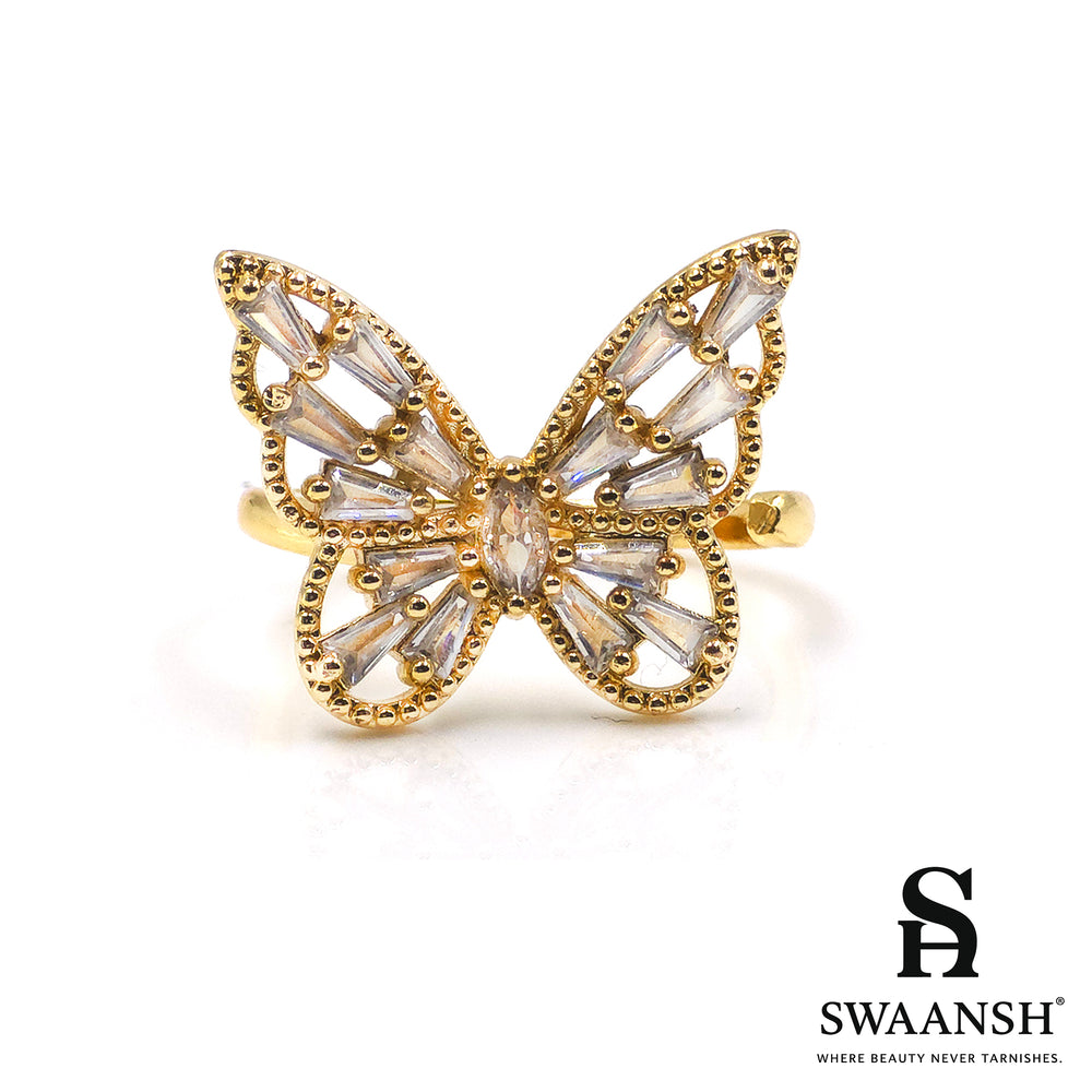 Gold butterfly ring with baguette zircon wings – Celestial Butterfly Ring by Swaansh