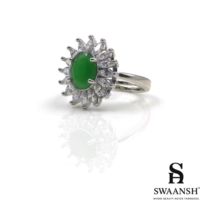Silver ring with Emerald green oval centre and floral zircon crown halo – The Scarlet Crown Ring by Swaansh