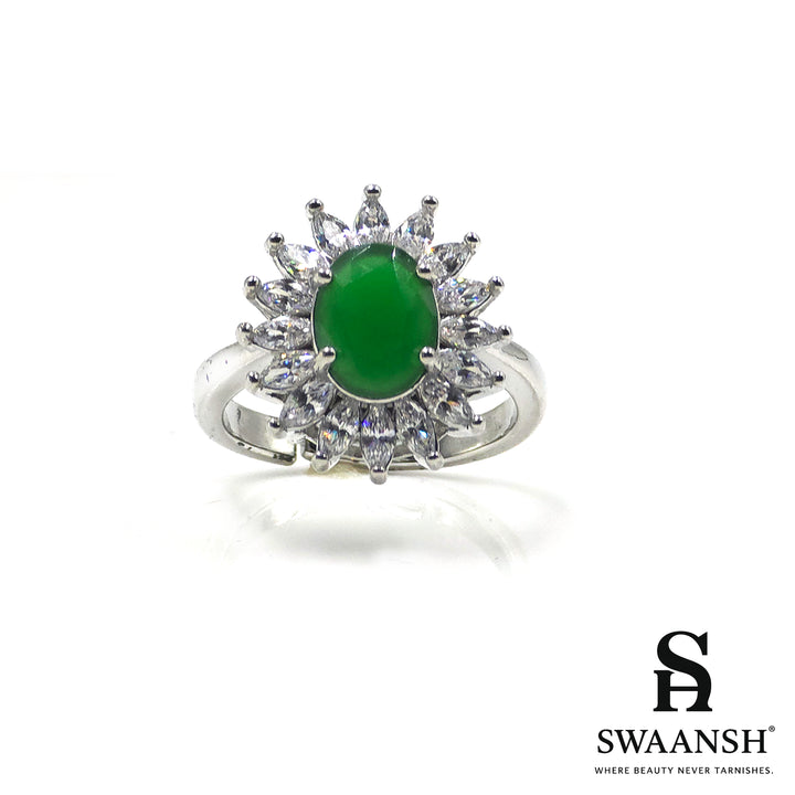 Silver ring with Emerald green oval centre and floral zircon crown halo – The Scarlet Crown Ring by Swaansh