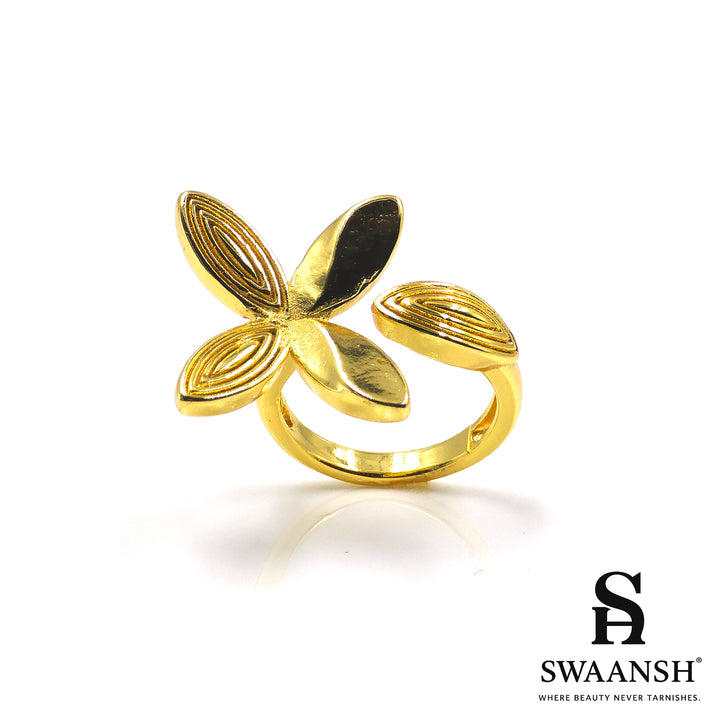 Gold-tone matte floral ring with sculpted four-petal design – Golden Bloom Ring by Swaansh