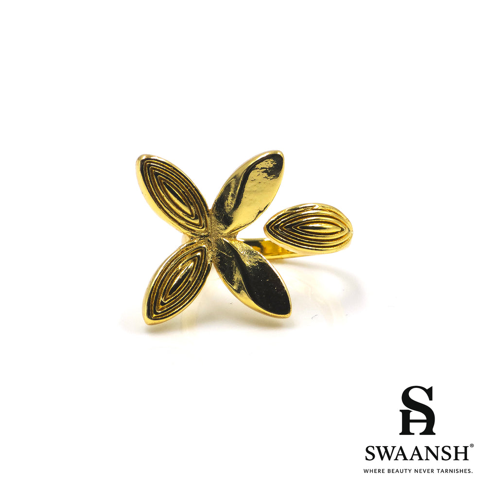 Gold-tone matte floral ring with sculpted four-petal design – Golden Bloom Ring by Swaansh