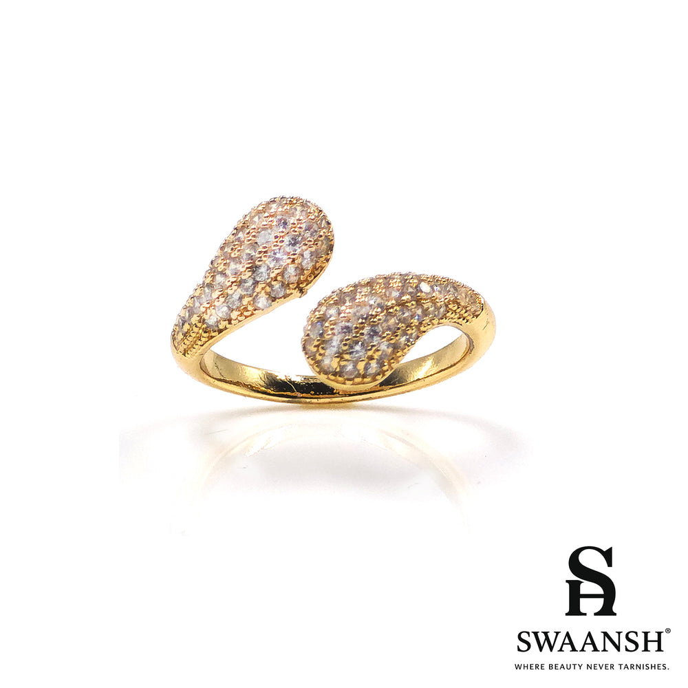 Open adjustable gold-tone ring with twin zircon-encrusted ends – Twilight Twin Ring by Swaansh