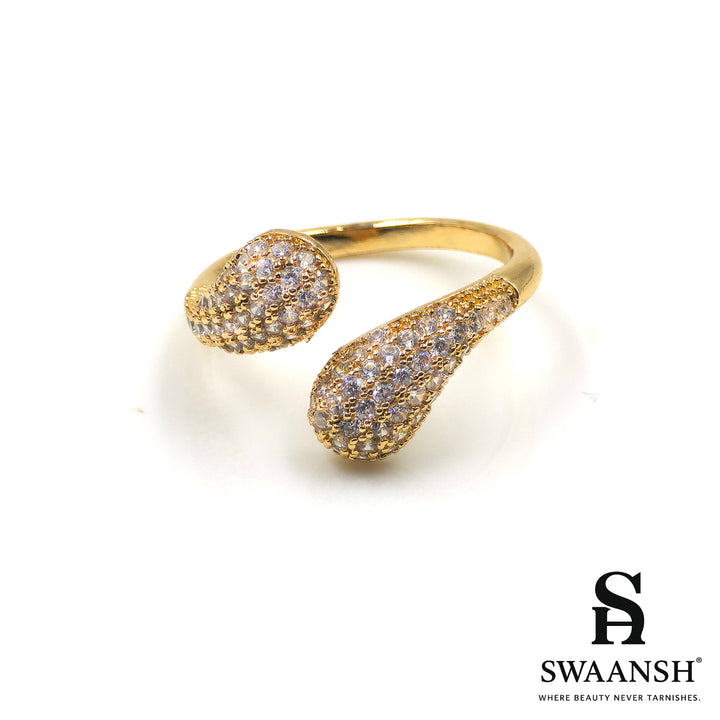 Open adjustable gold-tone ring with twin zircon-encrusted ends – Twilight Twin Ring by Swaansh