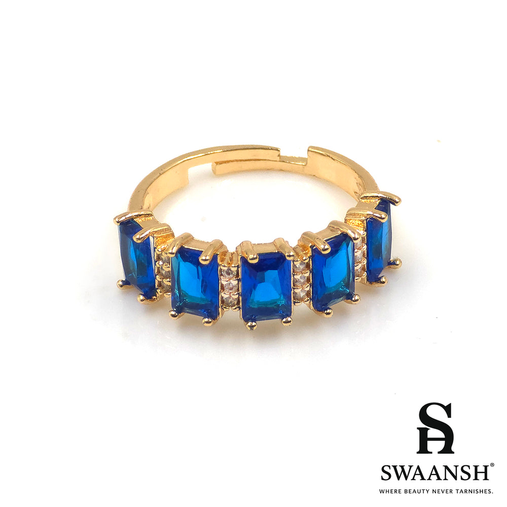 Adjustable gold ring with royal blue emerald-cut stones – Sapphire Streak Ring by Swaansh