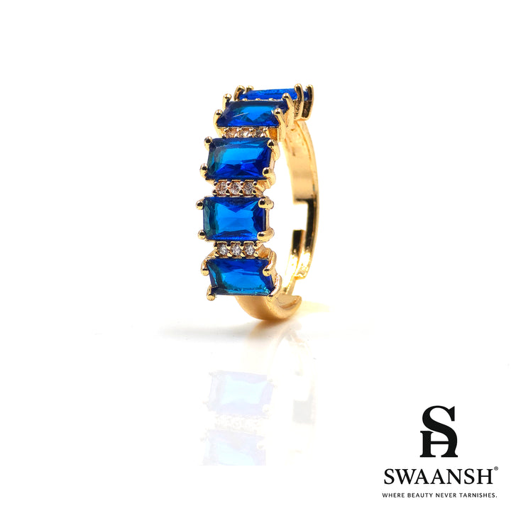 Adjustable gold ring with royal blue emerald-cut stones – Sapphire Streak Ring by Swaansh