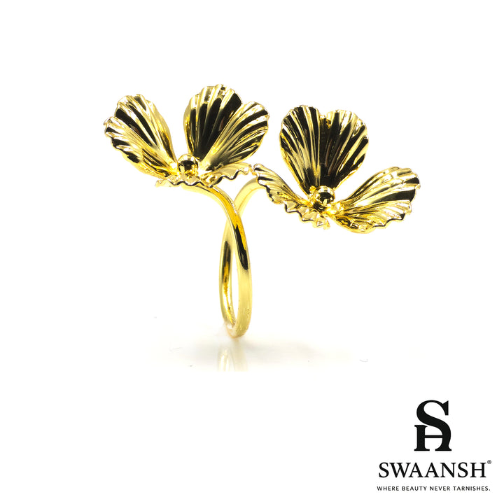 Adjustable gold ring with twin flower design – Twin Bloom Ring by Swaansh
