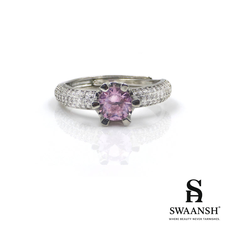 Silver solitaire ring with pink round stone and zircon band – Blush Spark Ring by Swaansh