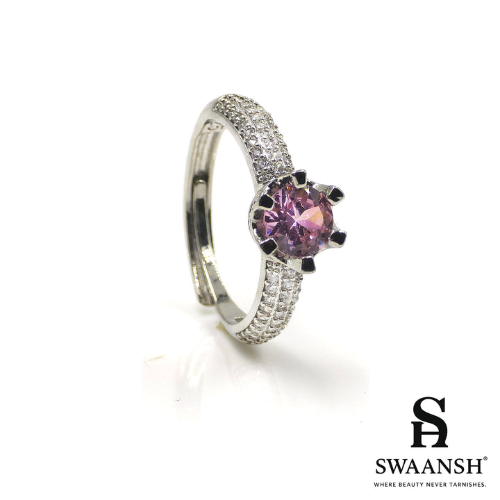 Silver solitaire ring with pink round stone and zircon band – Blush Spark Ring by Swaansh