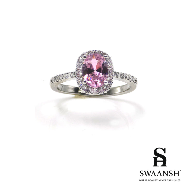 Silver ring with oval pink center stone and zircon halo – Rosé Grace Halo Ring by Swaansh