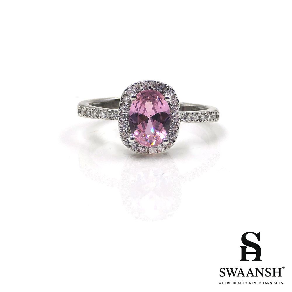 Silver ring with oval pink center stone and zircon halo – Rosé Grace Halo Ring by Swaansh