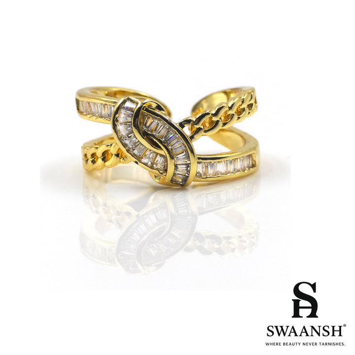 Gold statement ring with double chain and baguette zircons – Link Luxe Ring by Swaansh