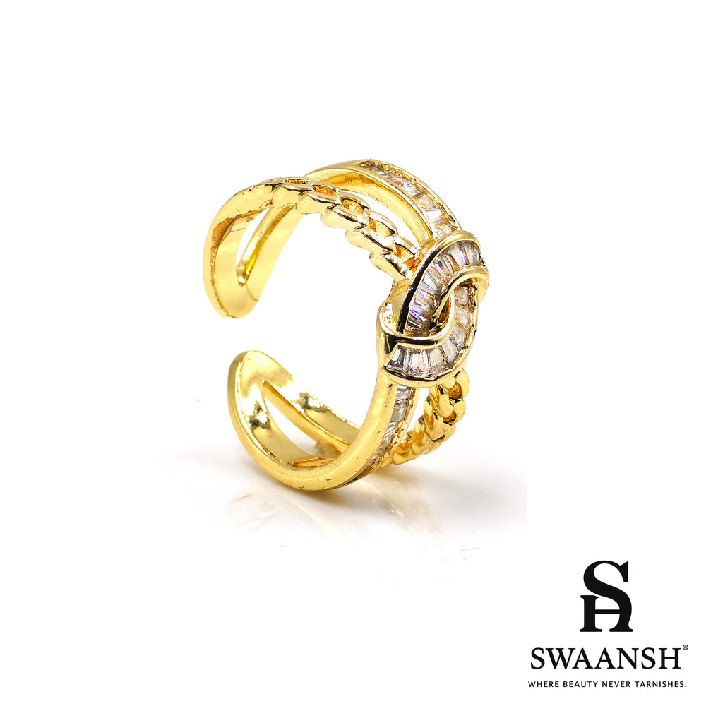 Gold statement ring with double chain and baguette zircons – Link Luxe Ring by Swaansh