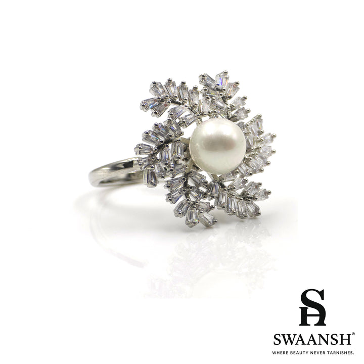 Silver finish ring with rotating zircon-studded halo around a central pearl – Twilight Bloom Ring by Swaansh